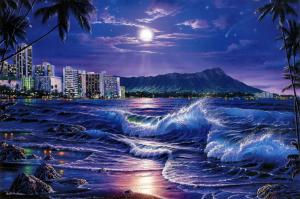 sea, waves, city, night, beach, moon, stars, painting, art wallpaper thumb