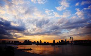 Tokyo, Japan, city, bridge, sunset, sea, buildings, sky, clouds wallpaper thumb