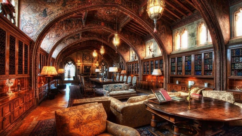 Magnificent Library Hdr wallpaper,chairs HD wallpaper,arches HD wallpaper,lights HD wallpaper,tables HD wallpaper,library HD wallpaper,books HD wallpaper,nature & landscapes HD wallpaper,1920x1080 wallpaper