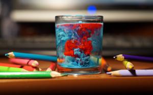 Table, Glass, Water, Pencils, Paint Splatter, Colorful, Depth of Field, Photography, Bokeh wallpaper thumb