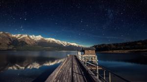 Lake, pier, mountains, sky, stars, night wallpaper thumb
