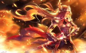 Anime girl, golden warrior, sword, weapons, armor wallpaper thumb