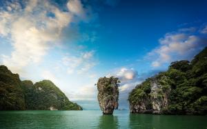 Landscape, Nature, Sea, Island, Bay, Trees, Shrubs, Limestone, Rock, Tropical, Clouds, Thailand wallpaper thumb