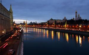Moscow city beautiful evening, buildings, houses, river, lights wallpaper thumb