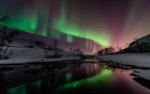 Aurora Borealis Northern Lights Night Green Stars Snow Winter River Reflection HD wallpaper thumb