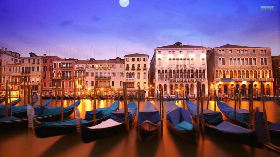 Parking For Gondolas In Venice wallpaper,gondolas HD wallpaper,canal HD wallpaper,venice HD wallpaper,night HD wallpaper,boats HD wallpaper,1920x1080 wallpaper