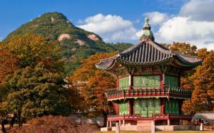 Travel to South Korea, pagoda, house, mountain, trees, park wallpaper thumb