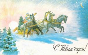 new year, postcard, santa claus, snow maiden, sledge, triple, month, trees wallpaper thumb