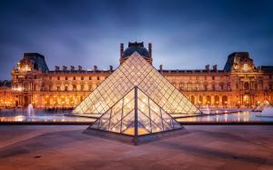 Paris, France, Louvre, city, lights, night, pyramid wallpaper thumb