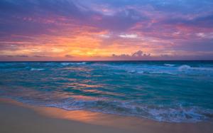 Seaside, dawn, sea, waves, sand, sky clouds, sunrise wallpaper thumb