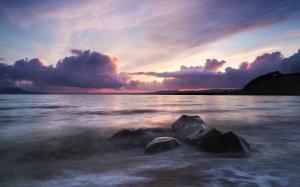 Ocean Clouds Sunset Rocks Stones Beach HD wallpaper thumb