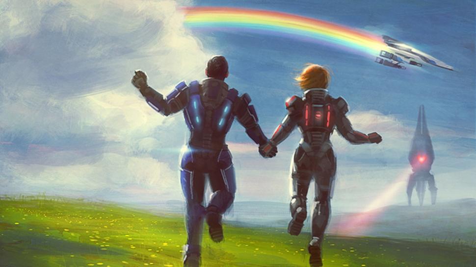 Mass Effect Rainbow Skipping Drawing Normandy Reaper HD wallpaper,video games wallpaper,drawing wallpaper,effect wallpaper,mass wallpaper,rainbow wallpaper,reaper wallpaper,normandy wallpaper,skipping wallpaper,1366x768 wallpaper