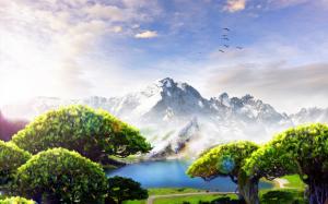 Mountains, trees, birds, clouds, lake, paradise wallpaper thumb