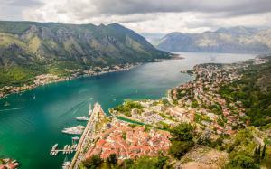 Kotor Bay, Montenegro, river, mountains, city, houses, clouds wallpaper thumb