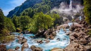 trees, water, Switzerland, waterfall, rocks, nautre, rainbow, photography wallpaper thumb