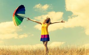 Happiness girl, rainbow umbrella, warmth nature, sky clouds wallpaper thumb