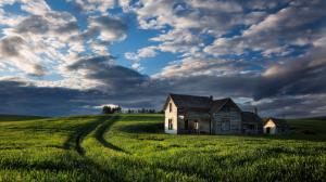 Sky, clouds, fields, road, house, dusk wallpaper thumb