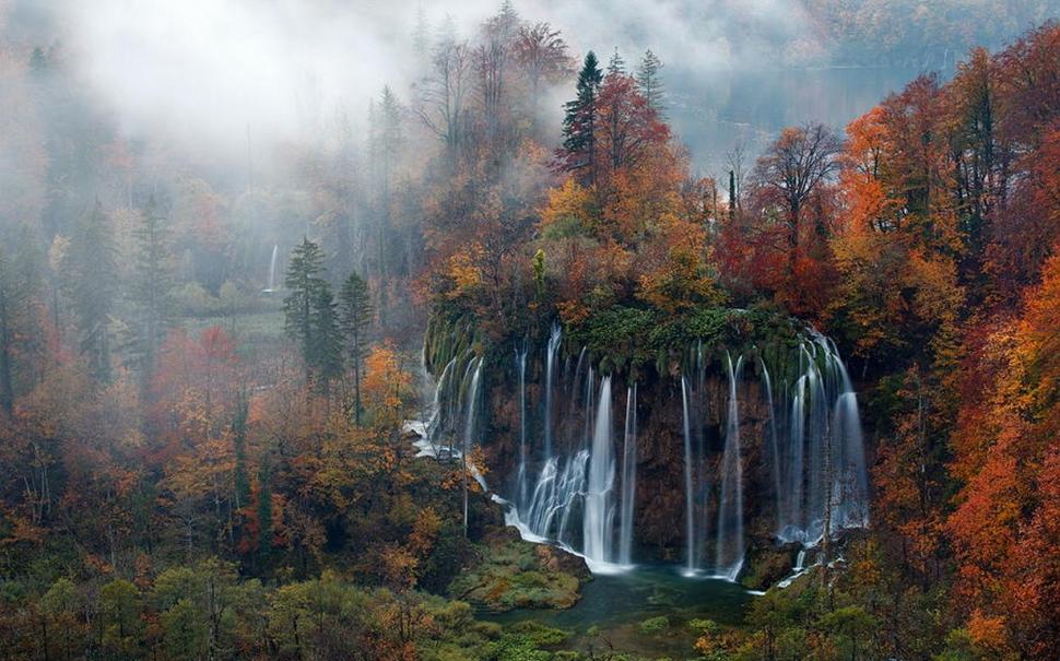 Nature, Landscape, Waterfall, Forest, Mist, Morning, Fall, Plitvice National Park, Croatia wallpaper,nature wallpaper,landscape wallpaper,waterfall wallpaper,forest wallpaper,mist wallpaper,morning wallpaper,fall wallpaper,plitvice national park wallpaper,croatia wallpaper,1230x768 wallpaper
