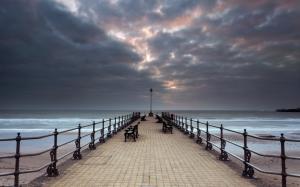 Sea, bridge, bench, clouds, dusk wallpaper thumb