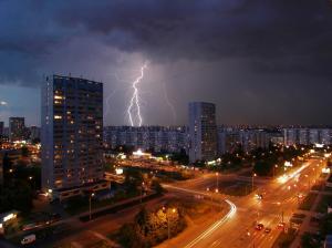 Moscow night city, lightning, road, houses, lights wallpaper thumb