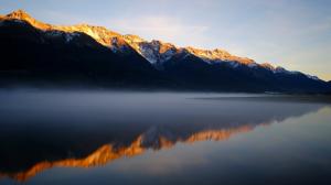 Mountains, lake, morning, fog, water reflection wallpaper thumb