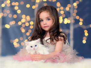 Cute girl, white kitten, lights, bokeh wallpaper thumb
