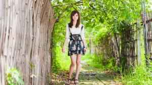 Summer asian girl, trees, green, fence wallpaper thumb
