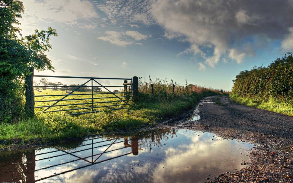 Fence Gate Water Reflection Dirt Road HD wallpaper,nature HD wallpaper,water HD wallpaper,reflection HD wallpaper,road HD wallpaper,fence HD wallpaper,gate HD wallpaper,dirt HD wallpaper,2560x1600 wallpaper