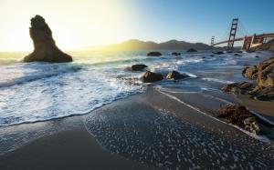 Golden Gate Bridge Bridge San Francisco Ocean Beach Rocks Stones Sunlight HD wallpaper thumb