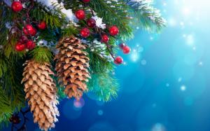 New Year Christmas tree decoration, snow, twigs, berries wallpaper thumb