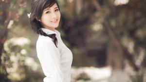 Asian girl, brunettes ponytails, white clothes wallpaper thumb