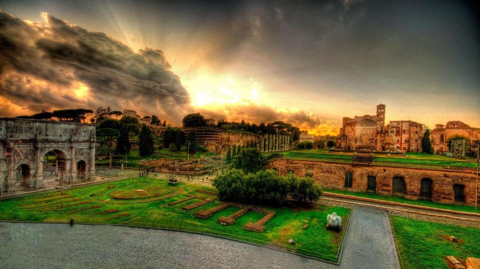 View From The Colosseum Hdr wallpaper,ruins HD wallpaper,sunset HD wallpaper,clouds HD wallpaper,ancient HD wallpaper,nature & landscapes HD wallpaper,1920x1080 wallpaper