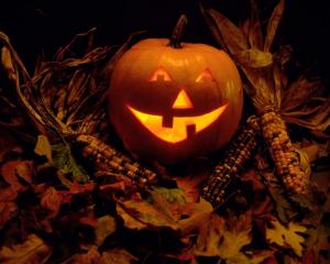 halloween, pumpkin, jacks lantern, attribute, physiognomy, darkness, corn, leaves, candle wallpaper thumb