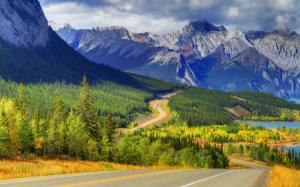 Abraham lake, Banff, Alberta, Canada, mountains, forest, trees, autumn, road wallpaper thumb