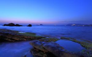 Coast, sea, rocks, dusk, blue color, moss, city lights wallpaper thumb