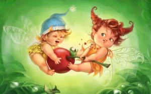 Fairy children fighting over cherries wallpaper thumb