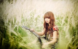 Asian girl, guitar, music, grass wallpaper thumb