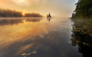 Vuoksi River, Russia, autumn, trees, sunrise, mist wallpaper thumb