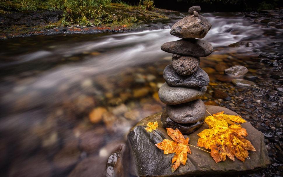 Stacked rocks wallpaper,photography HD wallpaper,1920x1200 HD wallpaper,leaf HD wallpaper,rock HD wallpaper,river HD wallpaper,stack HD wallpaper,1920x1200 wallpaper
