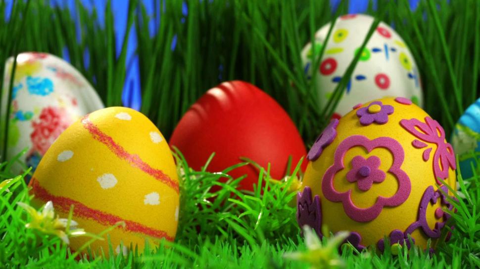 Decorated Easter Eggs in Grass HD wallpaper,decorated HD wallpaper,eggs HD wallpaper,grass HD wallpaper,large HD wallpaper,painted HD wallpaper,shapes HD wallpaper,1920x1080 wallpaper