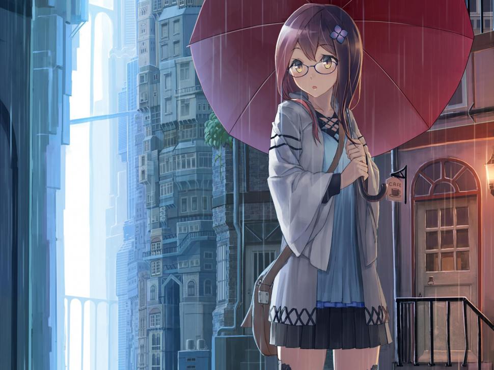 Anime Umbrella Rain Glasses HD wallpaper,cartoon/comic wallpaper,anime wallpaper,rain wallpaper,umbrella wallpaper,glasses wallpaper,1600x1200 wallpaper