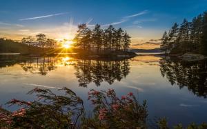 Norway nature sunset, lake, trees, sun rays wallpaper thumb