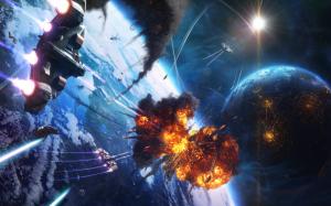 Spaceship Explosion Starlight Smoke Planet Stars HD wallpaper thumb