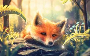 Art painting, fox in forest, water droplets, flowers wallpaper thumb