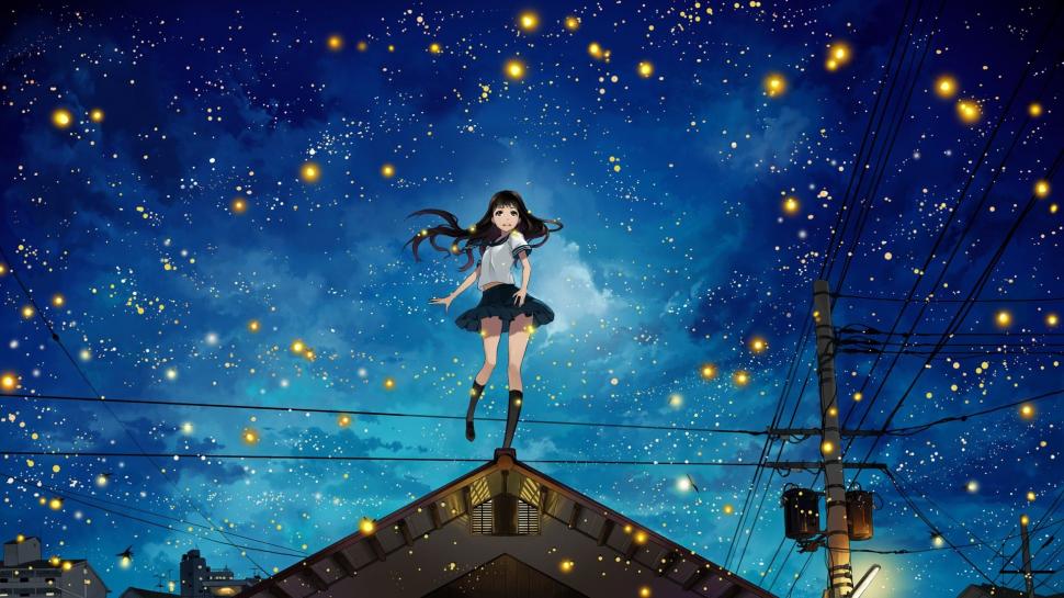 Anime Girls at Night Sky HD wallpaper,anime HD wallpaper,anime girls HD wallpaper,cities HD wallpaper,long hair HD wallpaper,night sky HD wallpaper,sky HD wallpaper,1920x1080 wallpaper