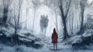 Little Red Riding Hood Drawing Wolf Giant Trees Forest HD wallpaper thumb