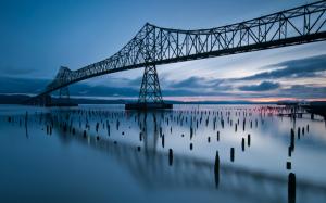 United States, Oregon, bridge, river, dusk, sunset, blue style wallpaper thumb
