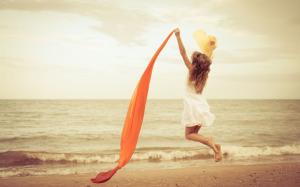 Happy girl jump, mood, white dress, red ribbon, beach, sea wallpaper thumb