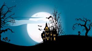 Halloween, House, Digital Art, Bats, Cat, Pumpkins, Trees, Moon wallpaper thumb