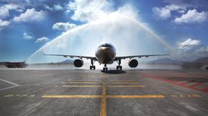 Airbus A330 passenger aircraft, watering, airport wallpaper thumb